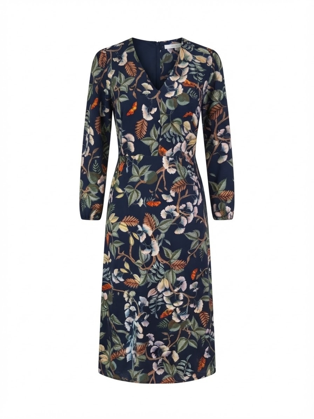 LOFT Navy Floral V-Neck Long Sleeve Midi Dress